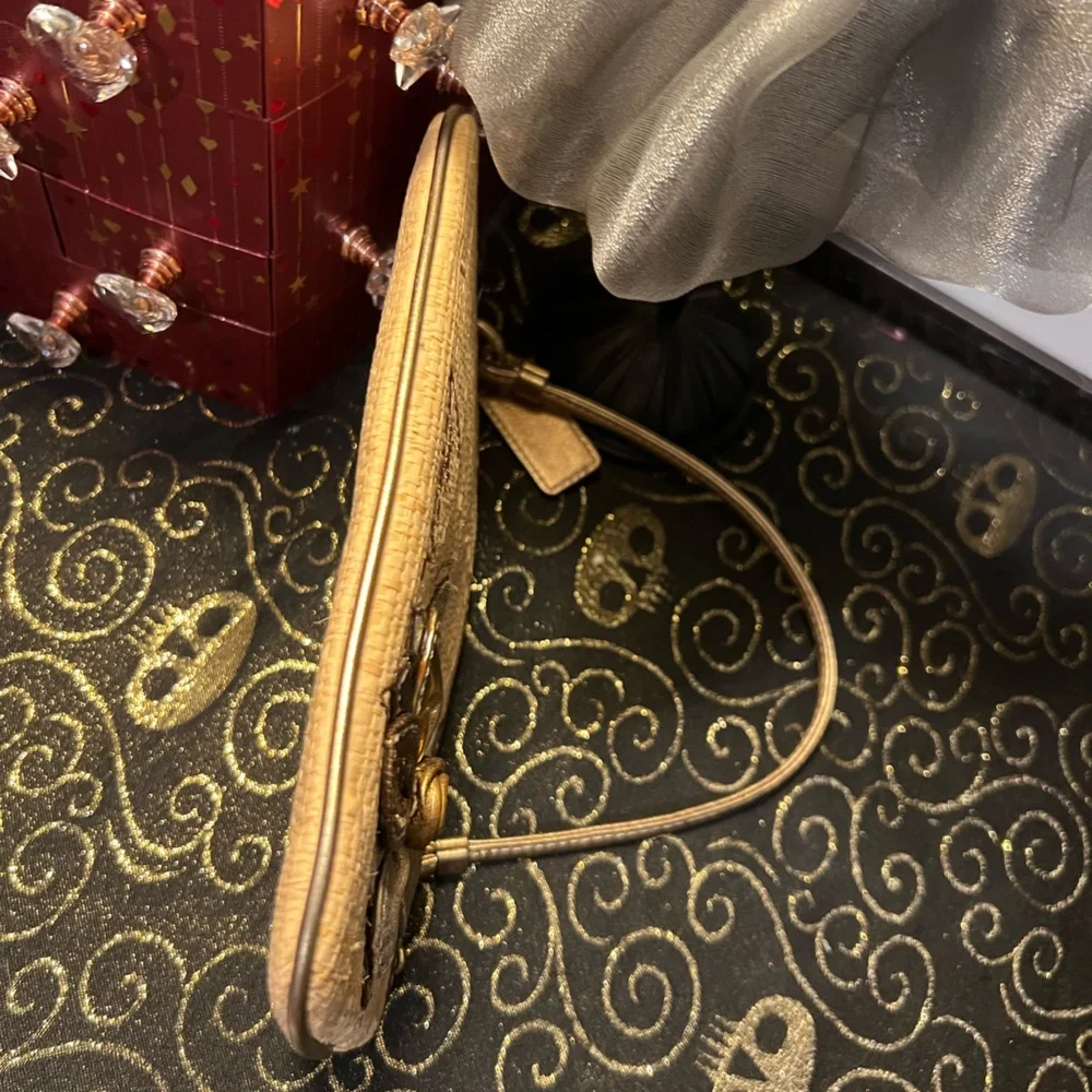 Coach Hampton Gold and Tan Woven Straw Wristlet w/ Flower Appliqué
